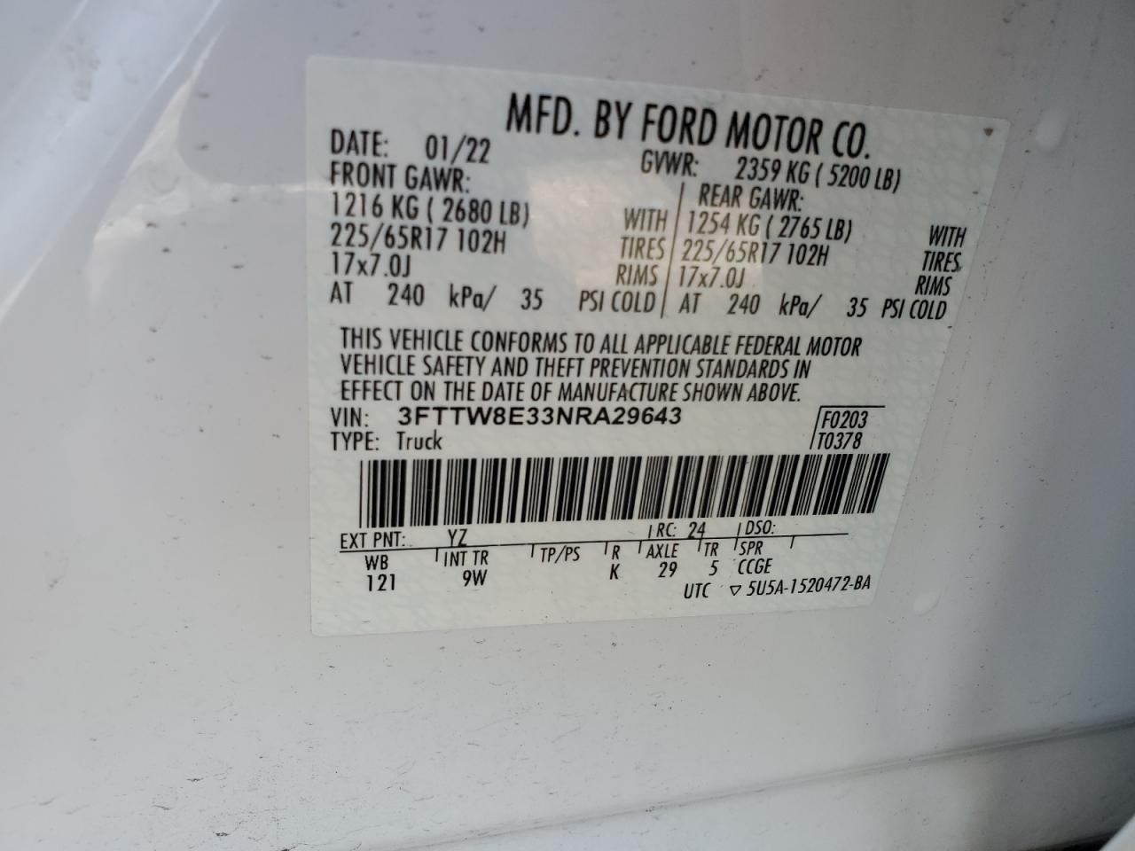 2022 Ford Maverick Xl VIN: 3FTTW8E33NRA29643 Lot: 63989935