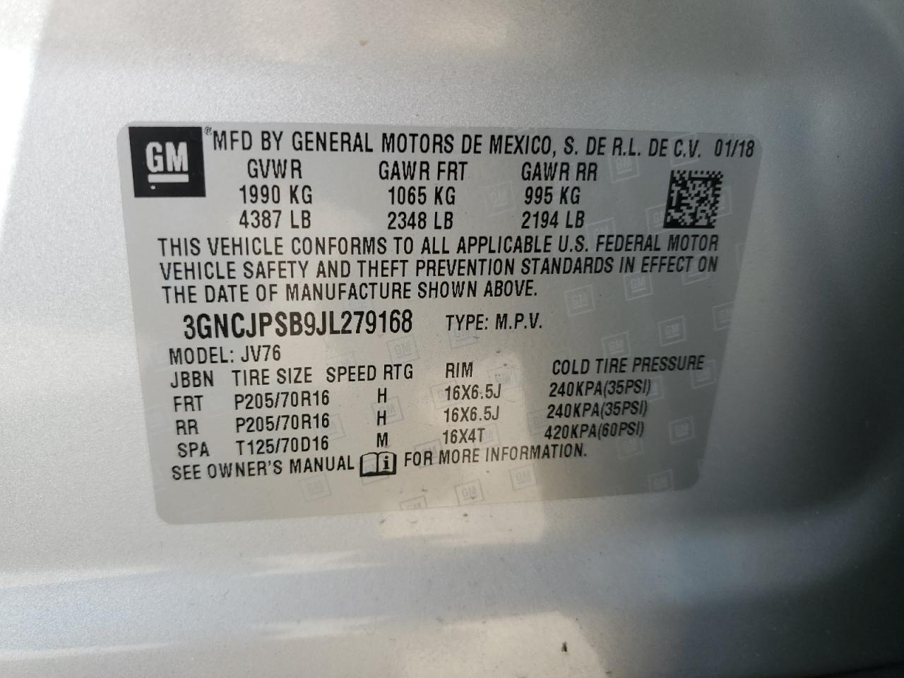 2018 Chevrolet Trax 1Lt VIN: 3GNCJPSB9JL279168 Lot: 63794325