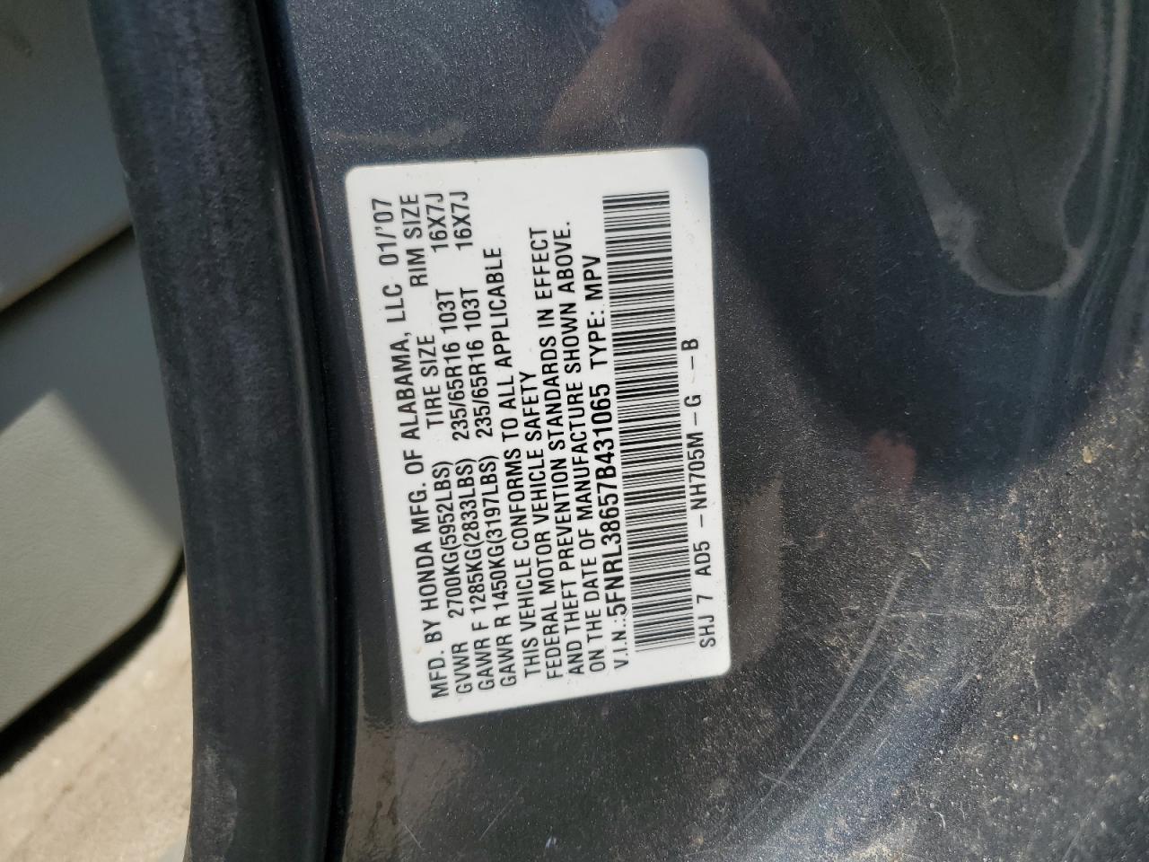 2007 Honda Odyssey Exl VIN: 5FNRL38657B431065 Lot: 64659045