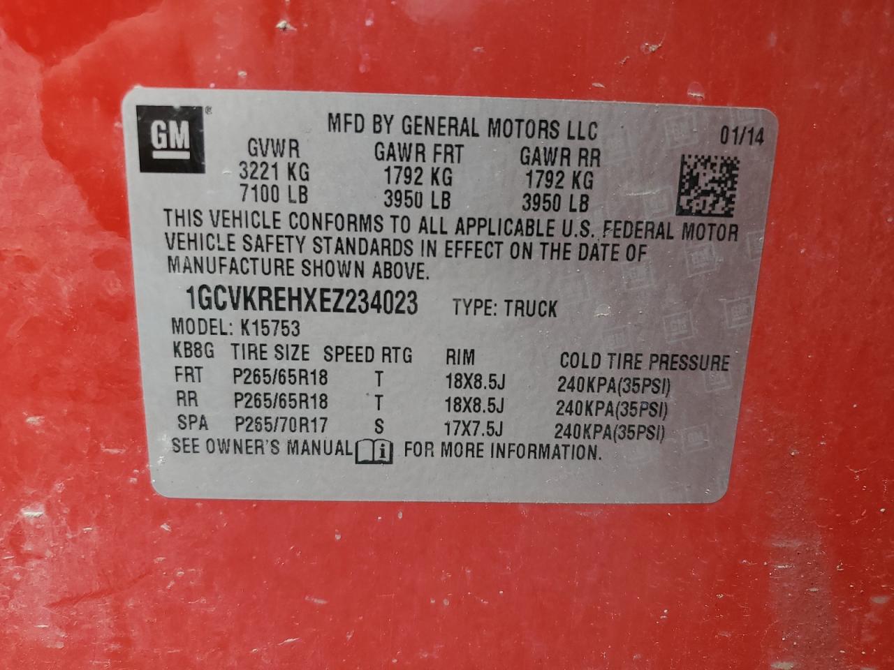 2014 Chevrolet Silverado K1500 Lt VIN: 1GCVKREHXEZ234023 Lot: 65098195