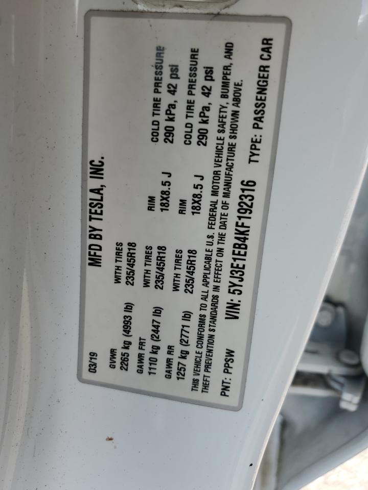 2019 Tesla Model 3 VIN: 5YJ3E1EB4KF192316 Lot: 65178895