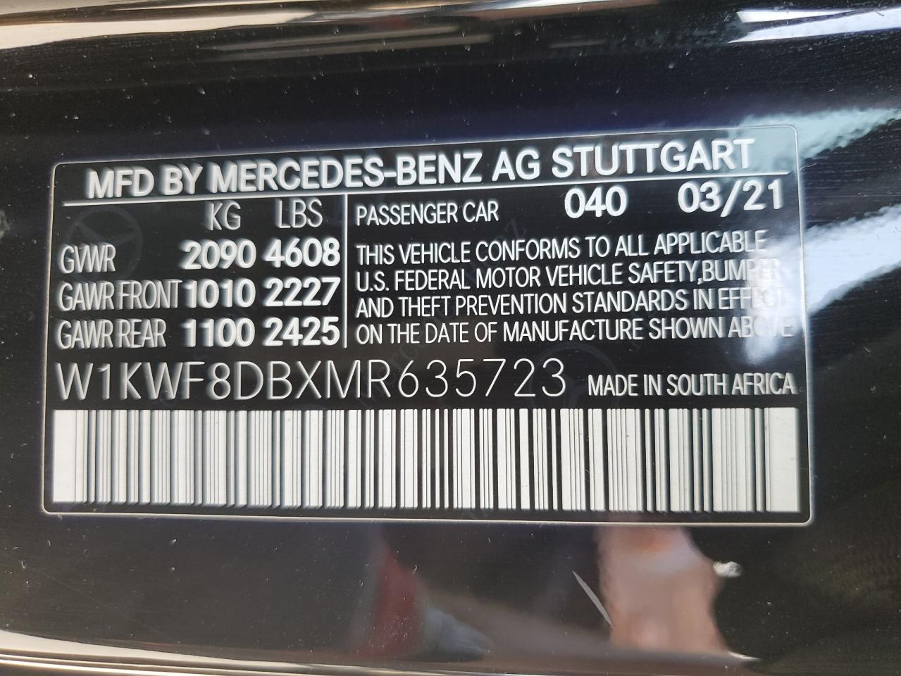 2021 Mercedes-Benz C 300 VIN: W1KWF8DBXMR635723 Lot: 64597665