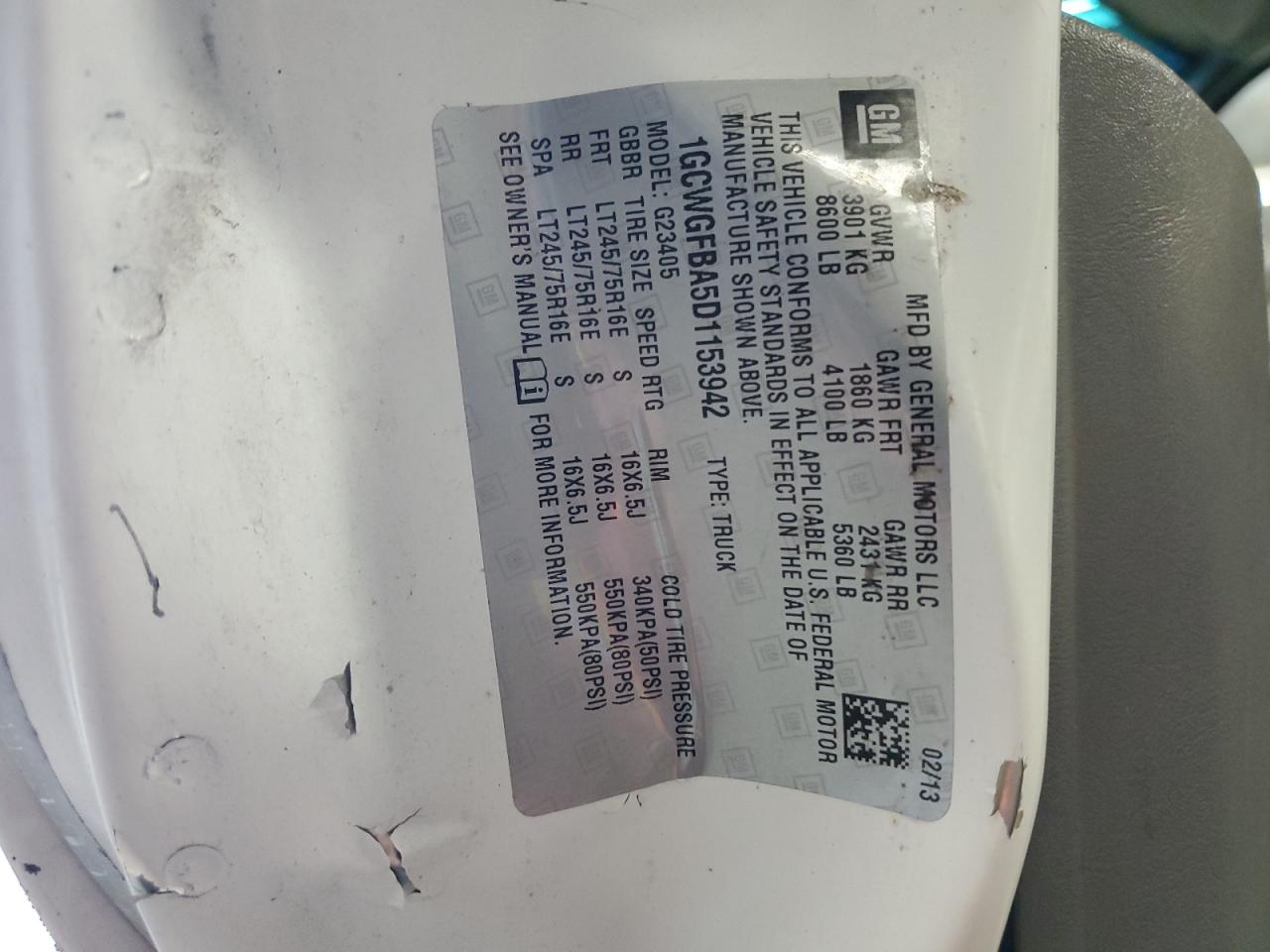 2013 Chevrolet Express G2500 VIN: 1GCWGFBA5D1153942 Lot: 84896235