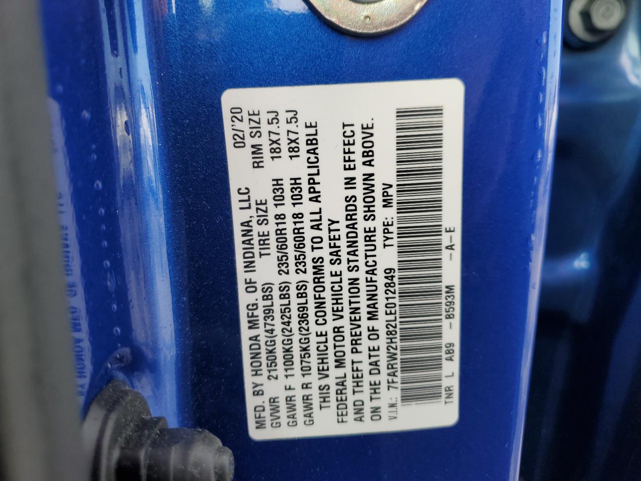2020 Honda Cr-V Exl VIN: 7FARW2H82LE012849 Lot: 64365655