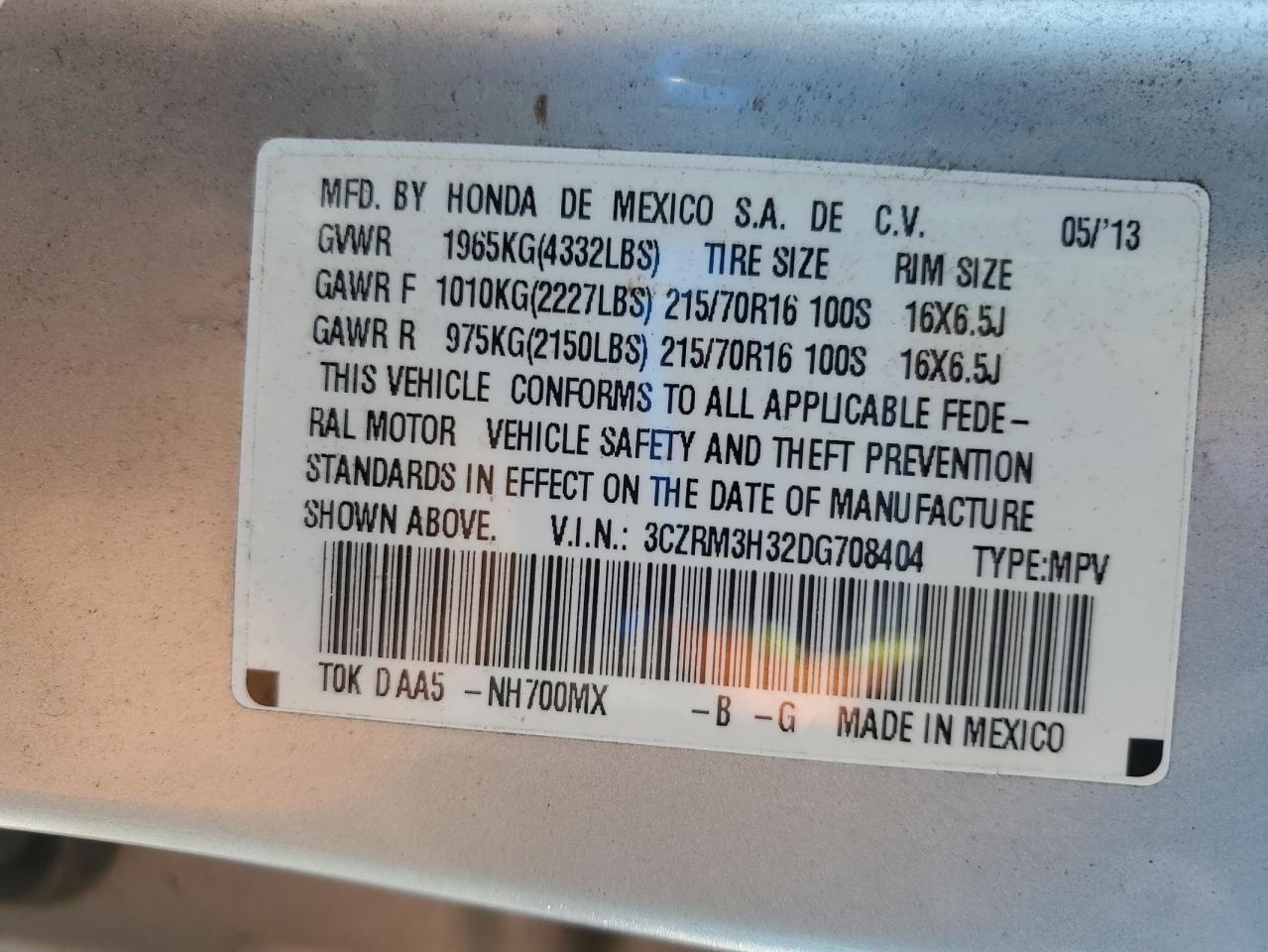 2013 Honda Cr-V Lx VIN: 3CZRM3H32DG708404 Lot: 64777405