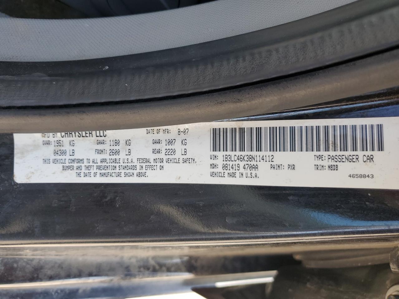 2008 Dodge Avenger Se VIN: 1B3LC46K38N114112 Lot: 63421005
