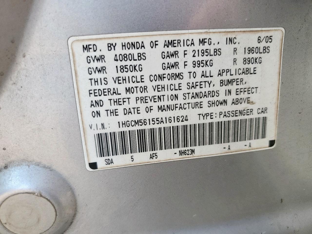 2005 Honda Accord Dx VIN: 1HGCM56155A161624 Lot: 64751865