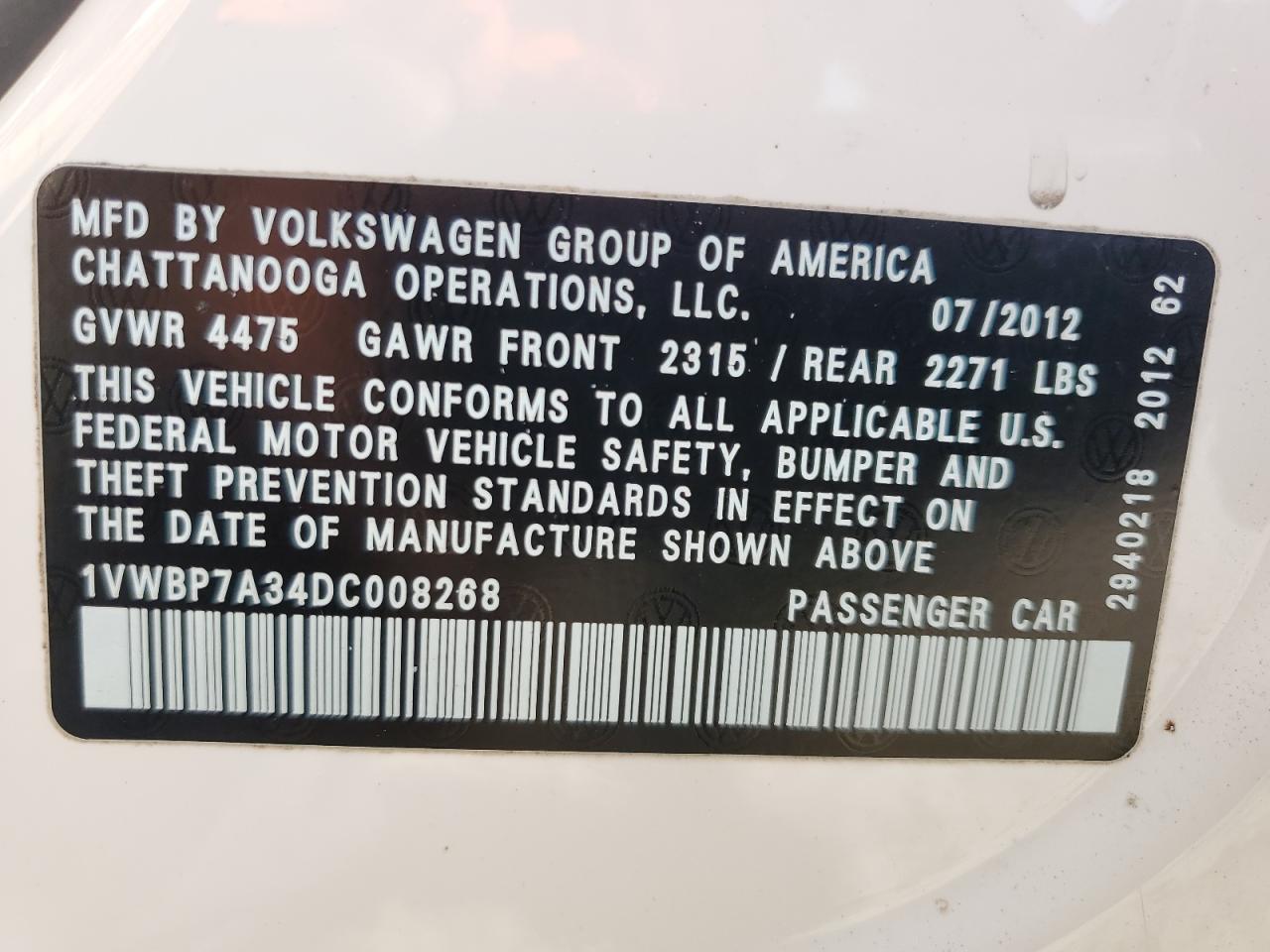 2013 Volkswagen Passat Se VIN: 1VWBP7A34DC008268 Lot: 63002035