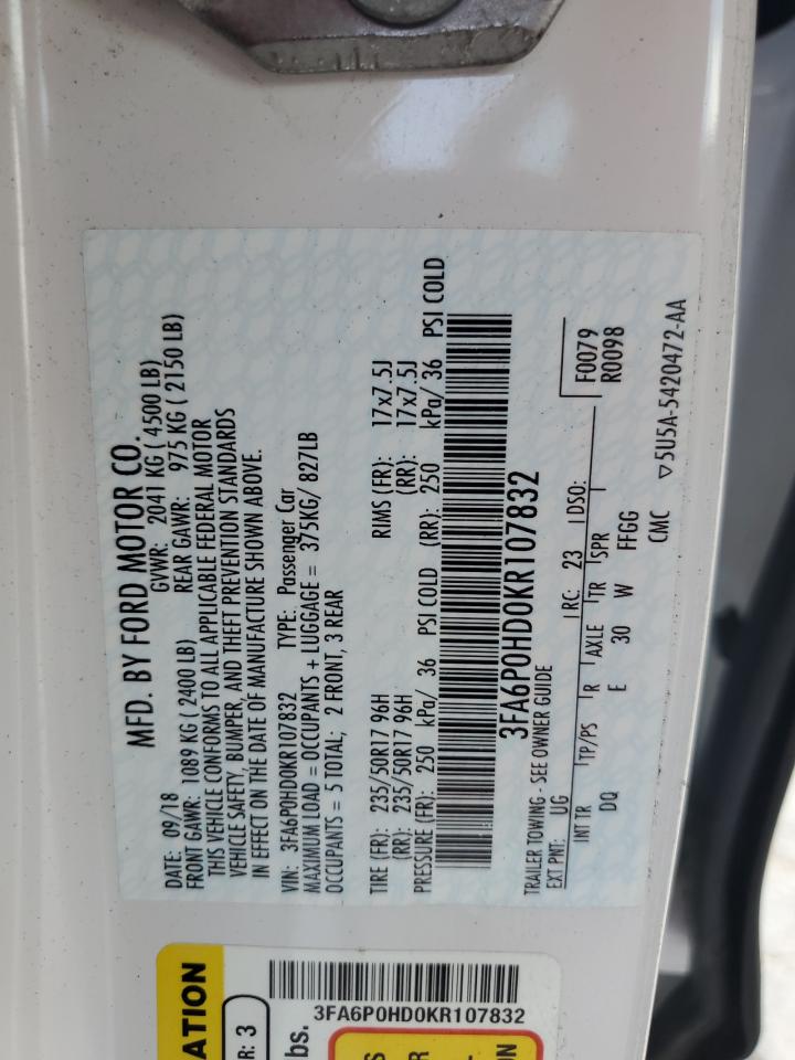 3FA6P0HD0KR107832 FORD FUSION 2019