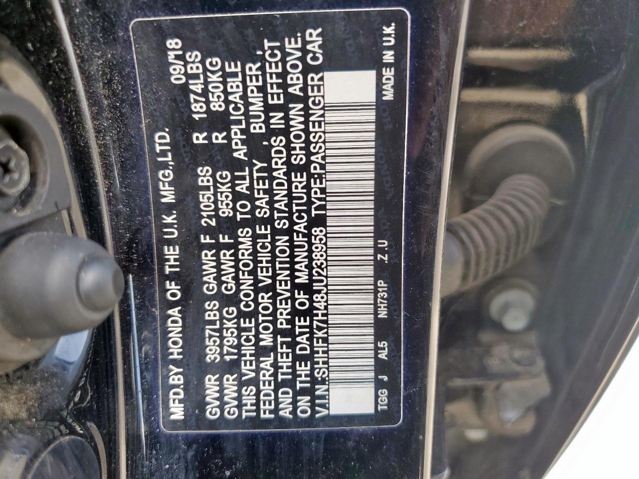 2018 Honda Civic Sport VIN: SHHFK7H48JU238958 Lot: 64020645
