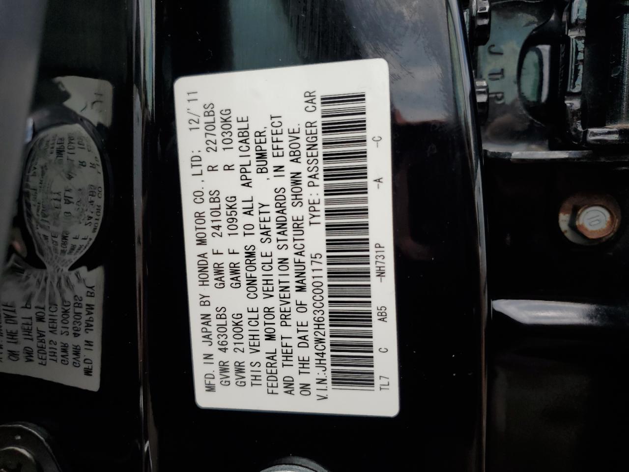 2012 Acura Tsx Tech VIN: JH4CW2H63CC001175 Lot: 63616185