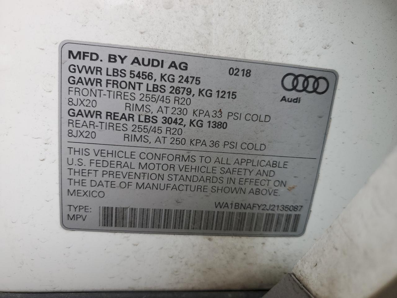 2018 Audi Q5 Premium Plus VIN: WA1BNAFY2J2135087 Lot: 63448455