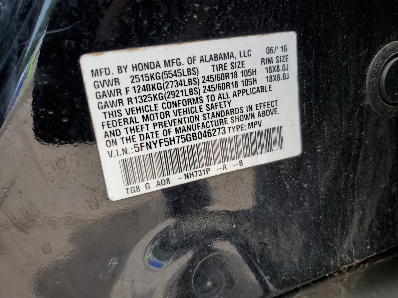 2016 Honda Pilot Exln VIN: 5FNYF5H75GB046273 Lot: 63260555