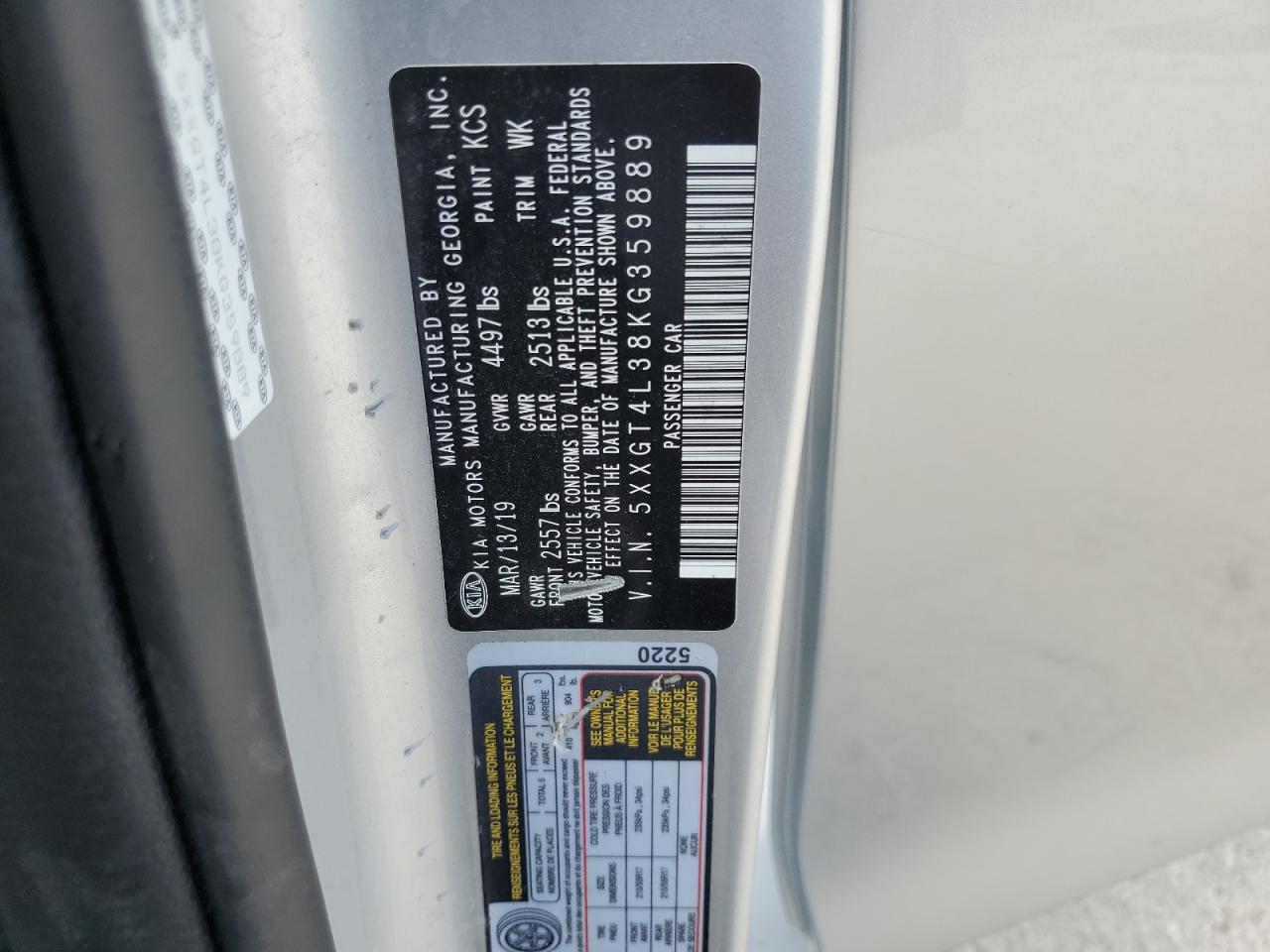 5xxgt4l38kg359889 5XXGT4L38KG359889 2019 Kia Optima Lx