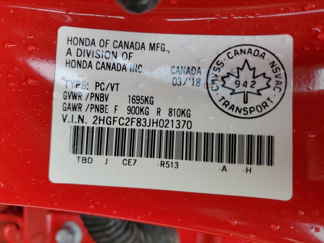 2018 Honda Civic Ex VIN: 2HGFC2F83JH021370 Lot: 64466595