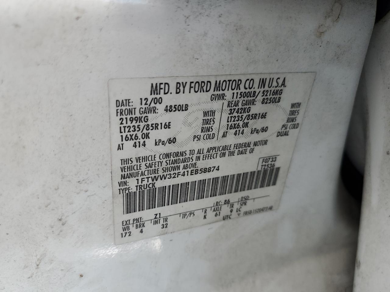 2001 Ford F350 Super Duty VIN: 1FTWW32F41EB58874 Lot: 66096855