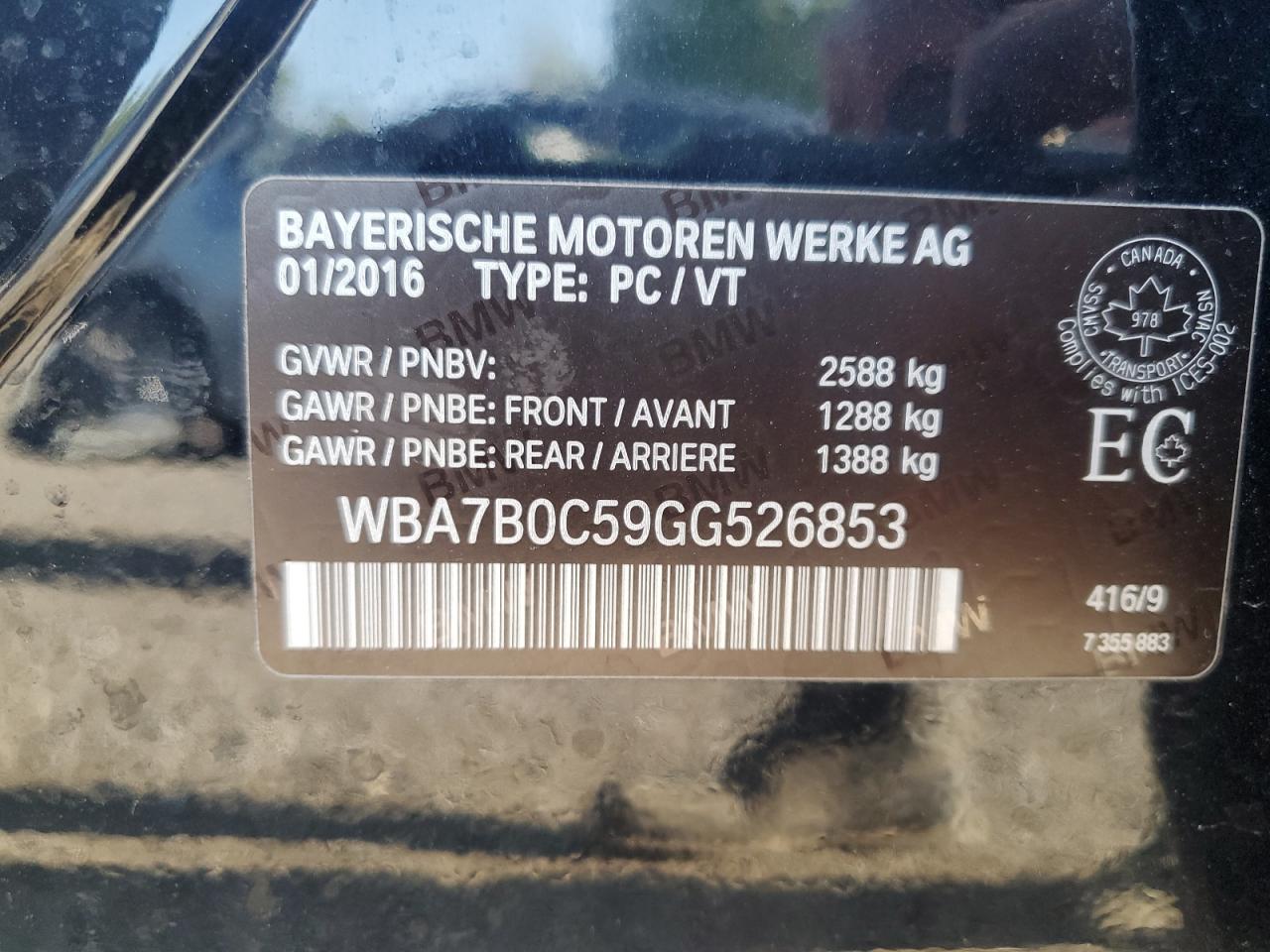 2016 BMW 750 Xi VIN: WBA7B0C59GG526853 Lot: 63911535