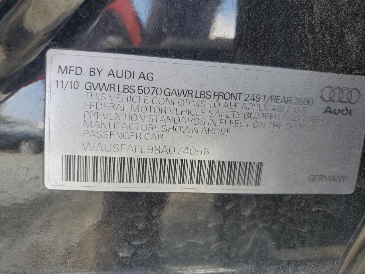 2011 Audi A4 Premium VIN: WAUSFAFL9BA074056 Lot: 63988855