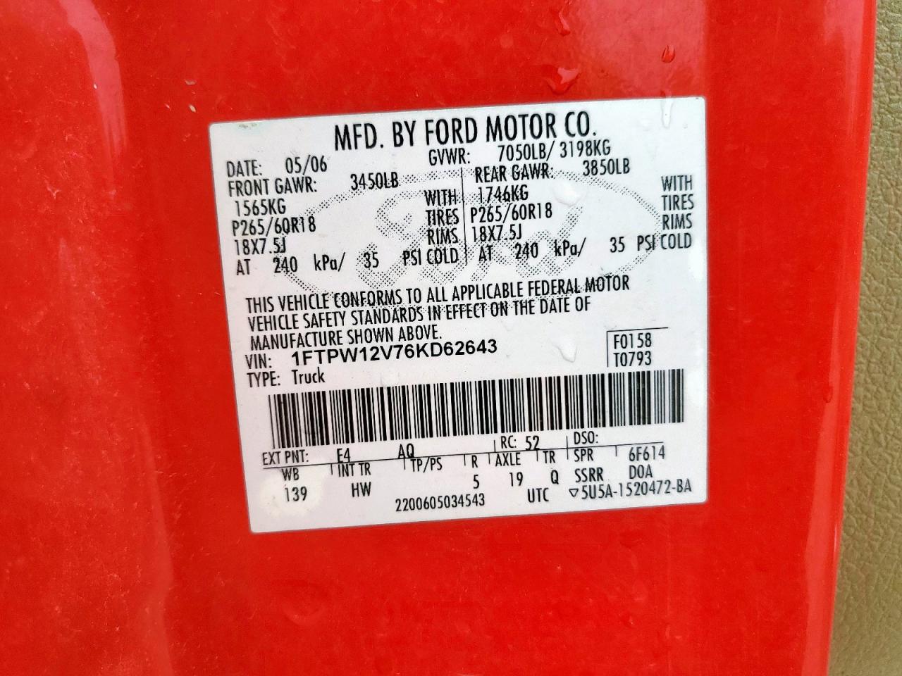 2006 Ford F150 Supercrew VIN: 1FTPW12V76KD62643 Lot: 66576865