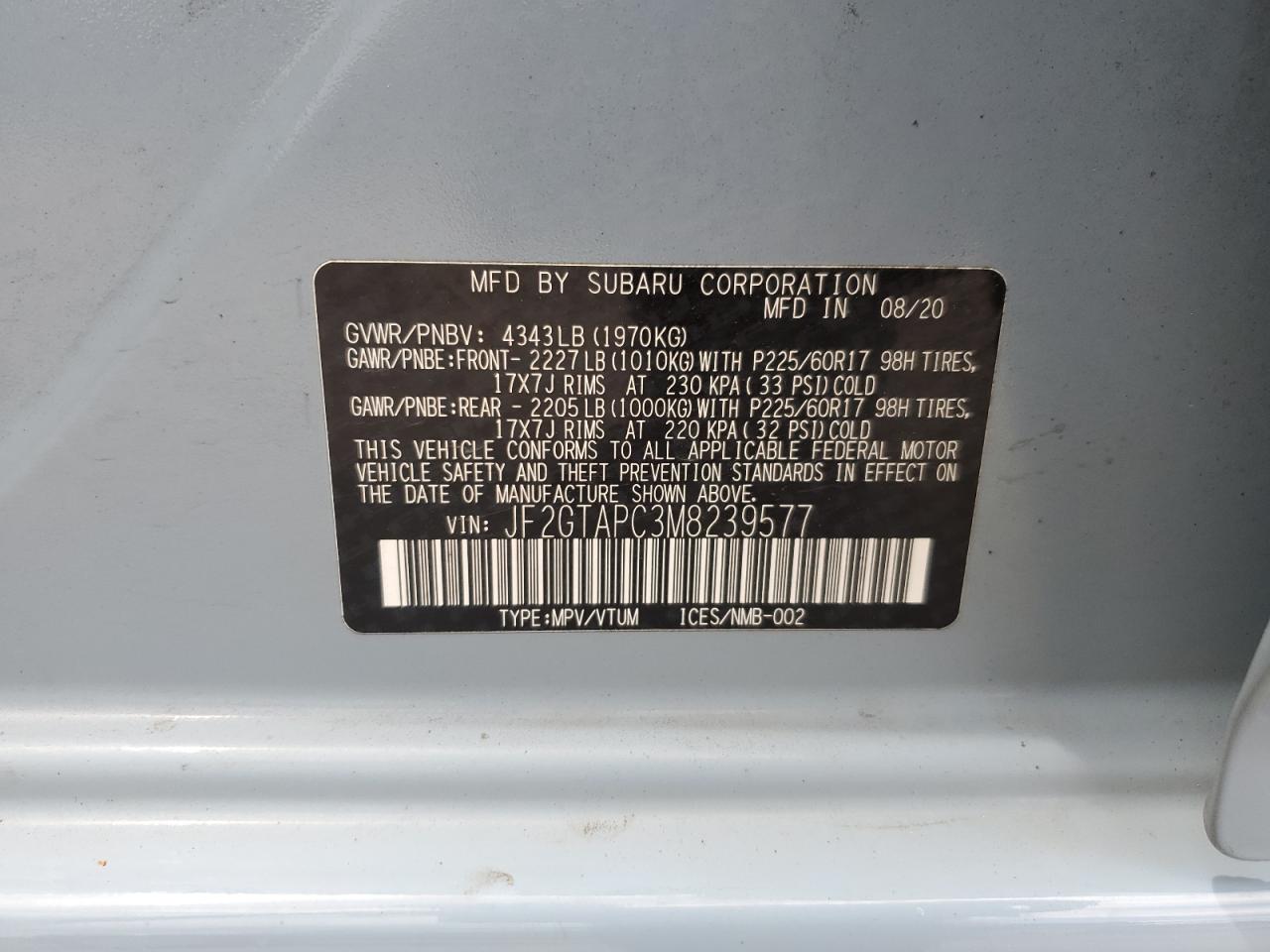 2021 Subaru Crosstrek Premium VIN: JF2GTAPC3M8239577 Lot: 62791125