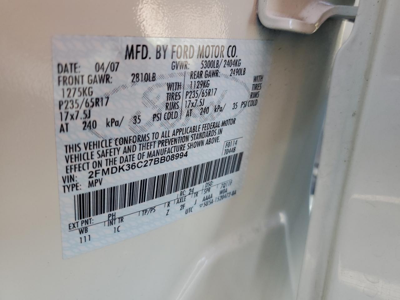 2007 Ford Edge Se VIN: 2FMDK36C27BB08994 Lot: 64203655