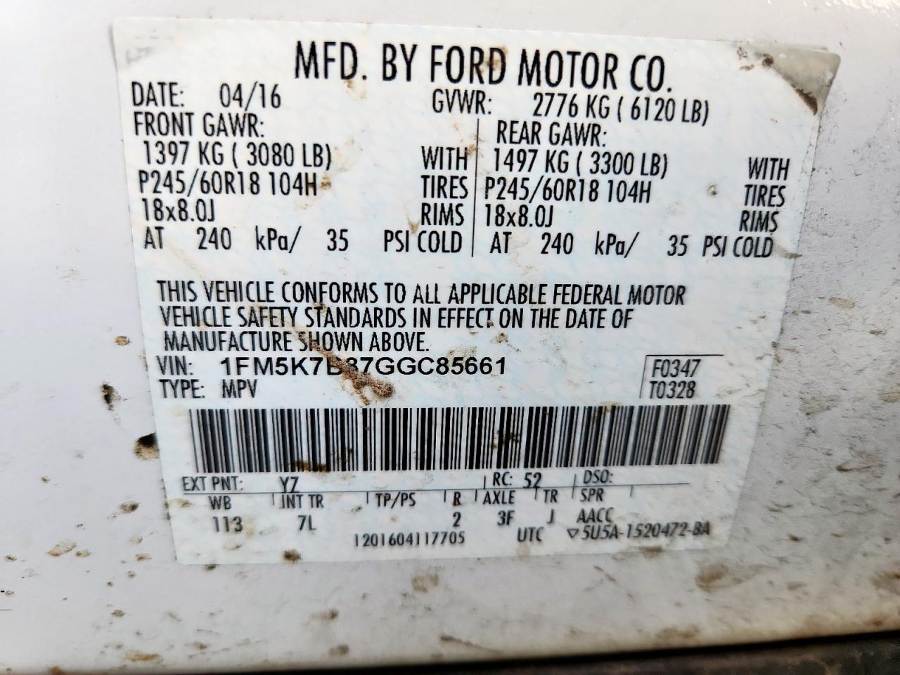 2016 Ford Explorer VIN: 1FM5K7B87GGC85661 Lot: 64617875