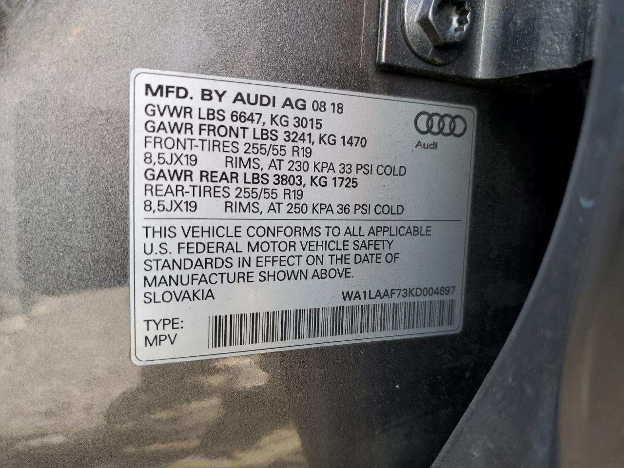 2019 Audi Q7 Premium Plus VIN: WA1LAAF73KD004697 Lot: 63639025