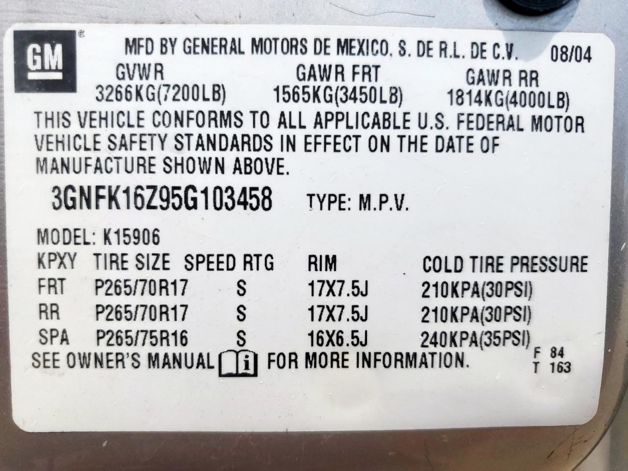 2005 Chevrolet Suburban K1500 VIN: 3GNFK16Z95G103458 Lot: 63699865