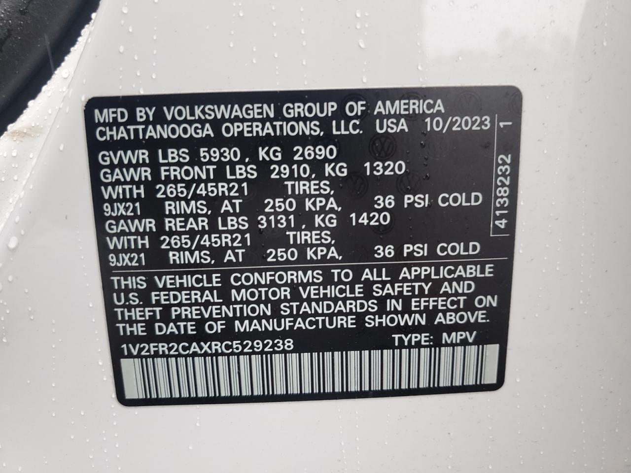 2024 Volkswagen Atlas Sel Premium R-Line VIN: 1V2FR2CAXRC529238 Lot: 62569785