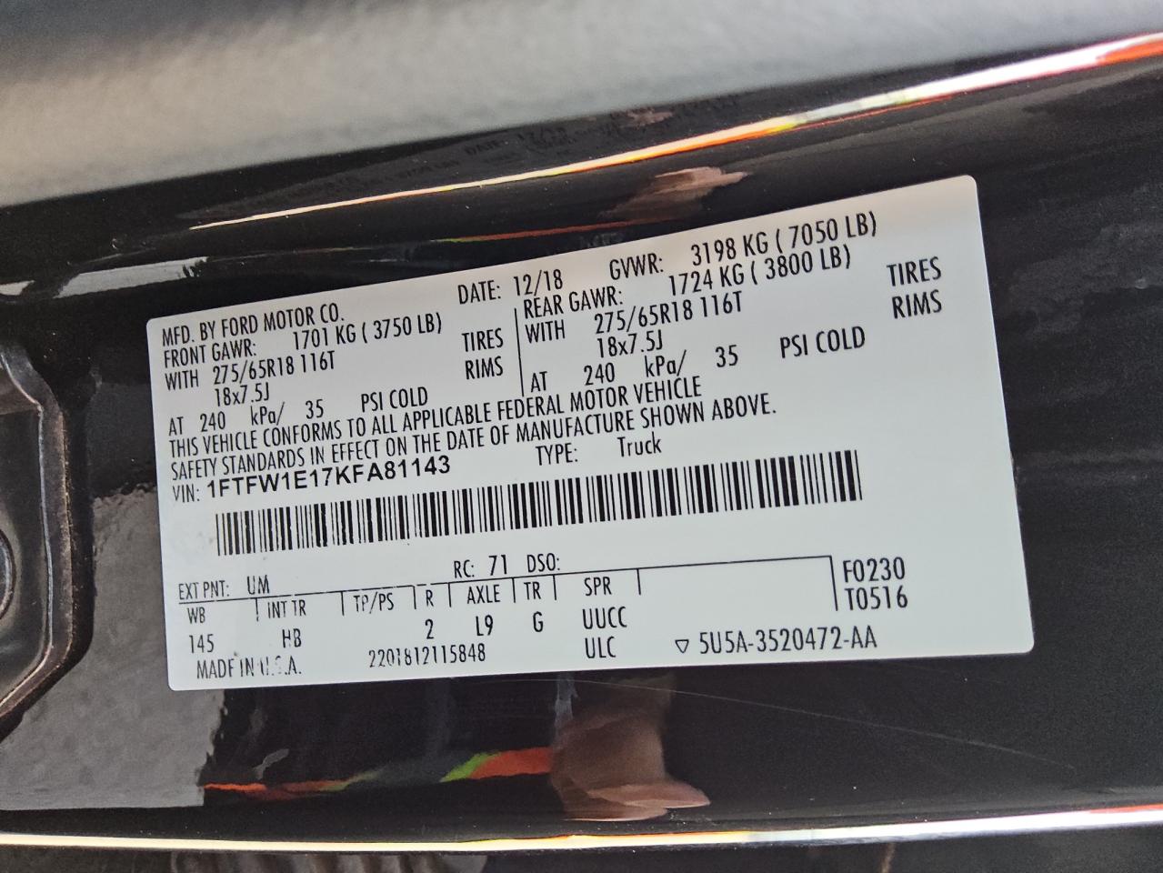 1FTFW1E17KFA81143 FORD F-150 2019
