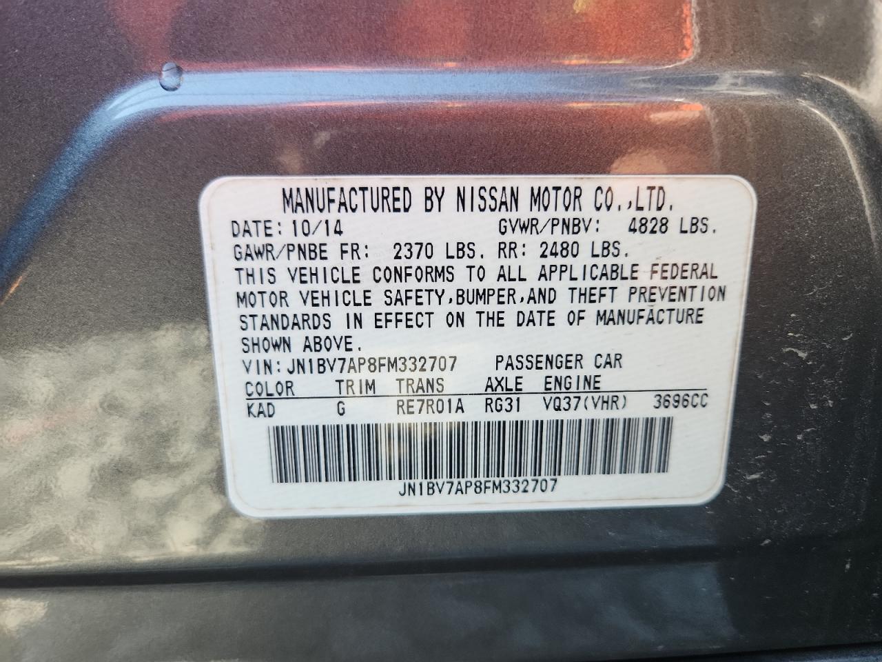 2015 Infiniti Q50 Base VIN: JN1BV7AP8FM332707 Lot: 64750375