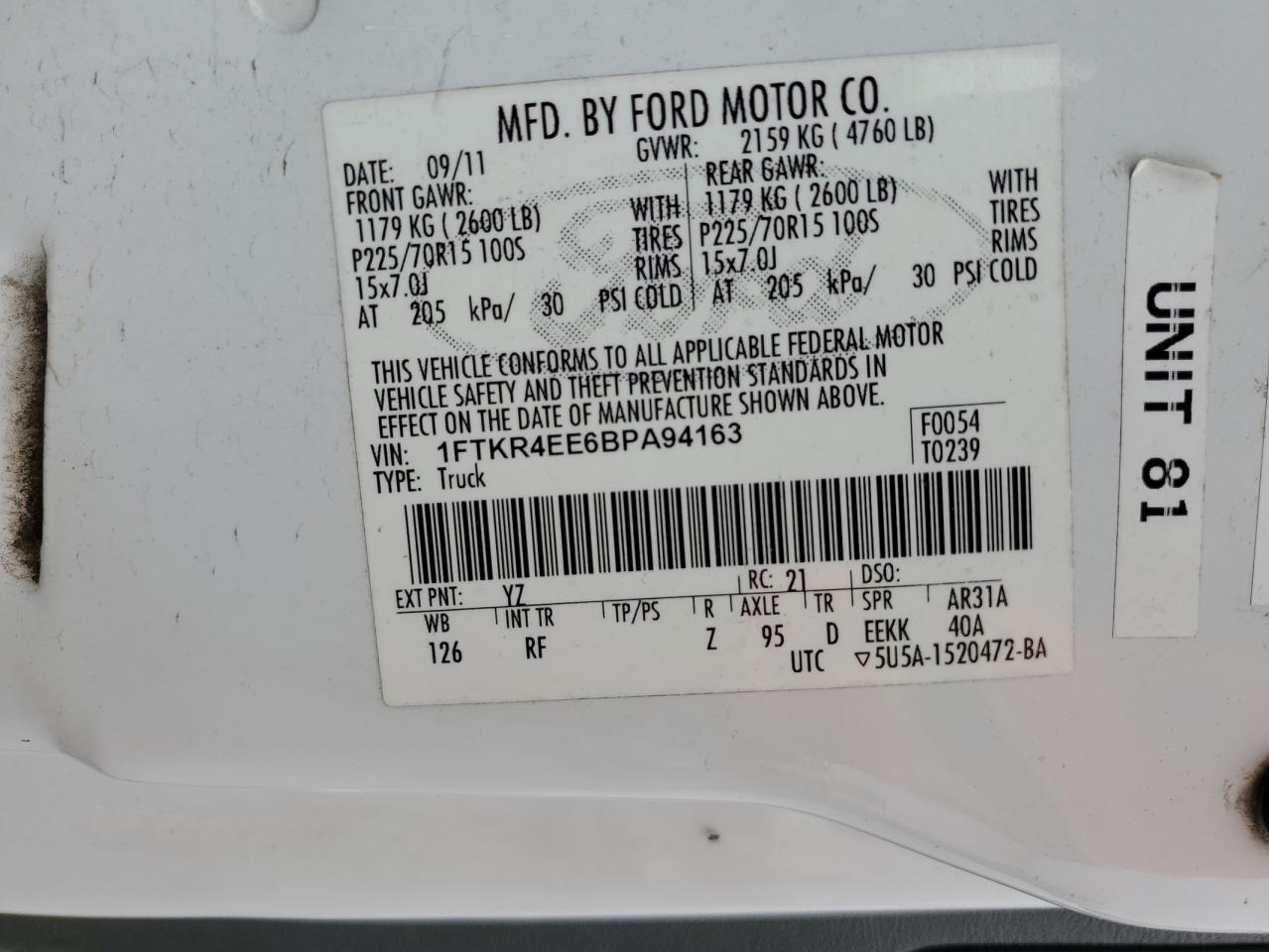 2011 Ford Ranger Super Cab VIN: 1FTKR4EE6BPA94163 Lot: 63778645