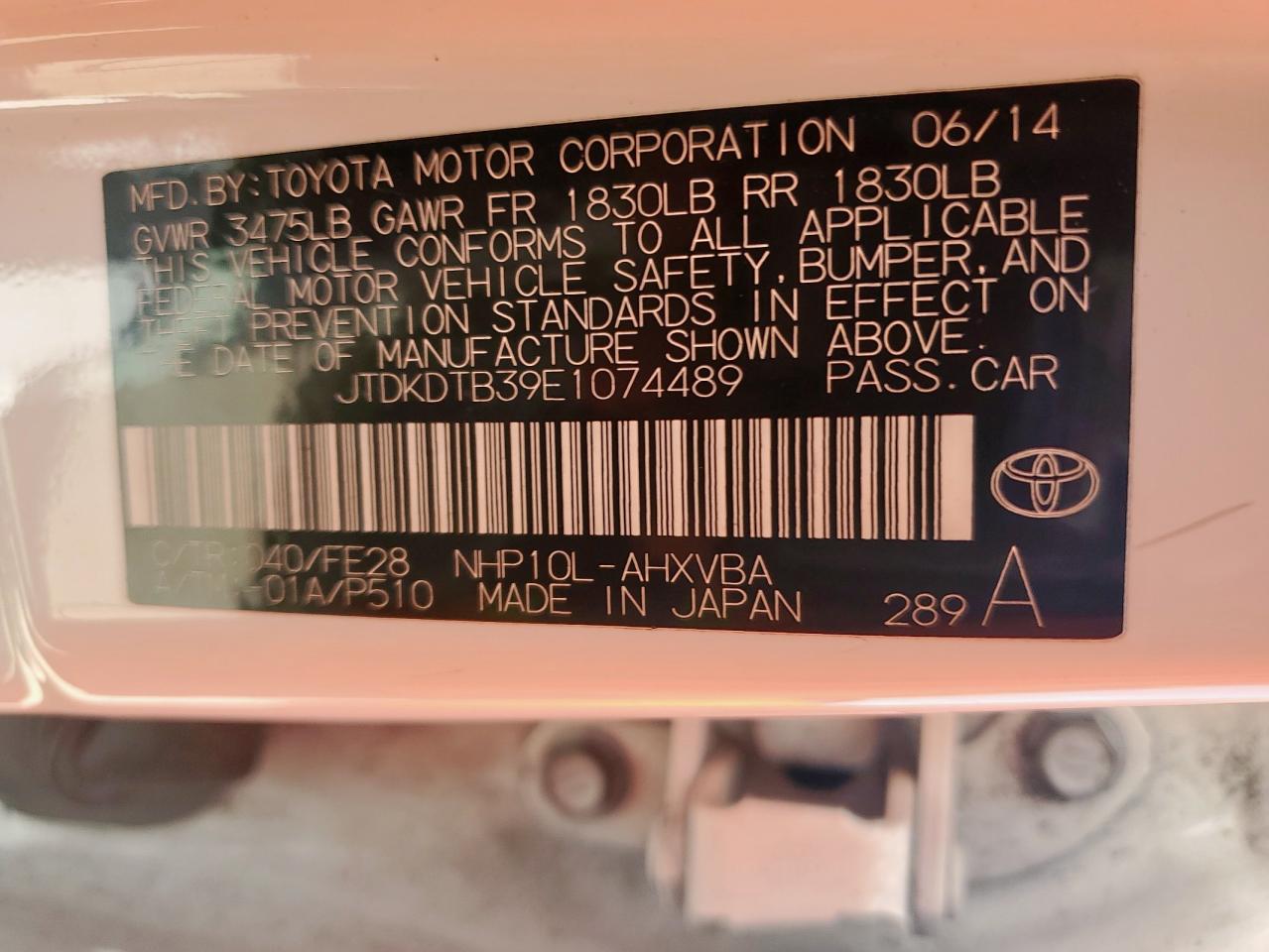 2014 Toyota Prius C VIN: JTDKDTB39E1074489 Lot: 65350065