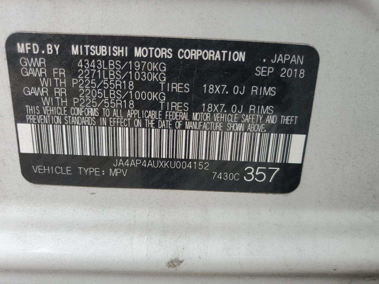 2019 Mitsubishi Outlander Sport Se VIN: JA4AP4AUXKU004152 Lot: 63387445