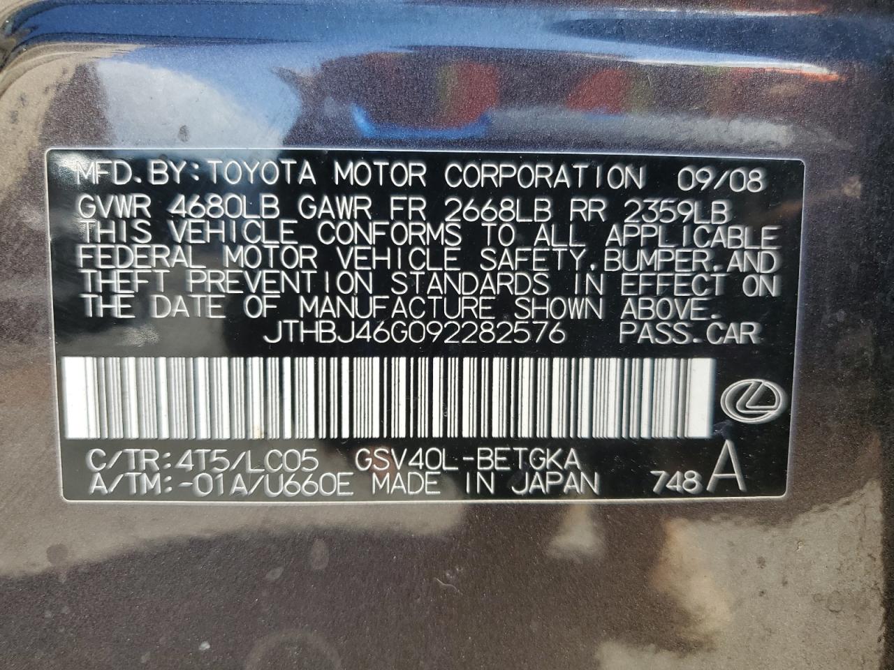 2009 Lexus Es 350 VIN: JTHBJ46G092282576 Lot: 65293145