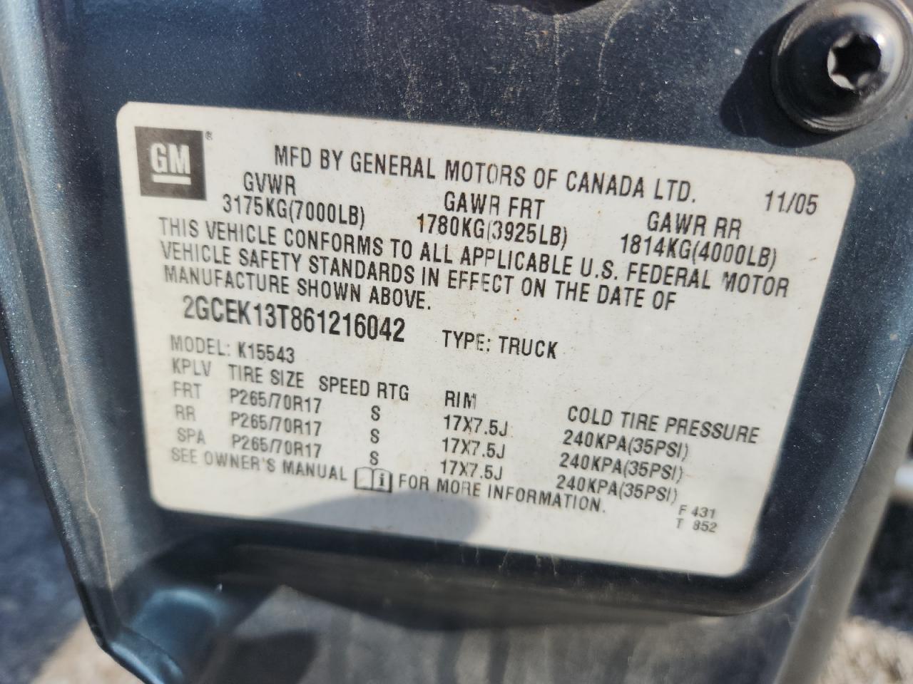2006 Chevrolet Silverado K1500 VIN: 2GCEK13T861216042 Lot: 64905675