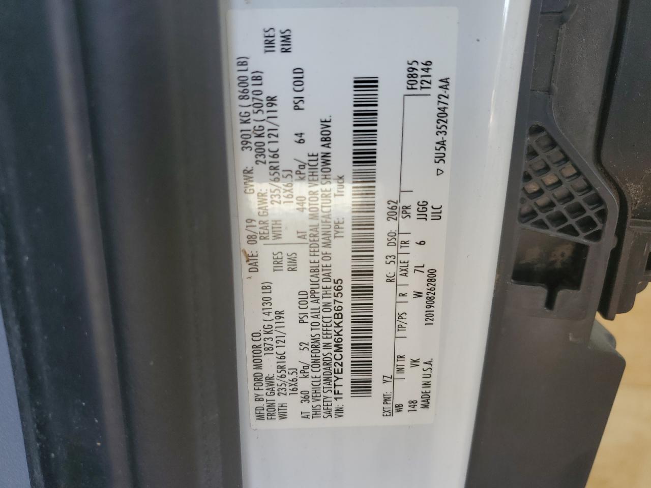 2019 Ford Transit T-150 VIN: 1FTYE2CM6KKB67565 Lot: 65369915
