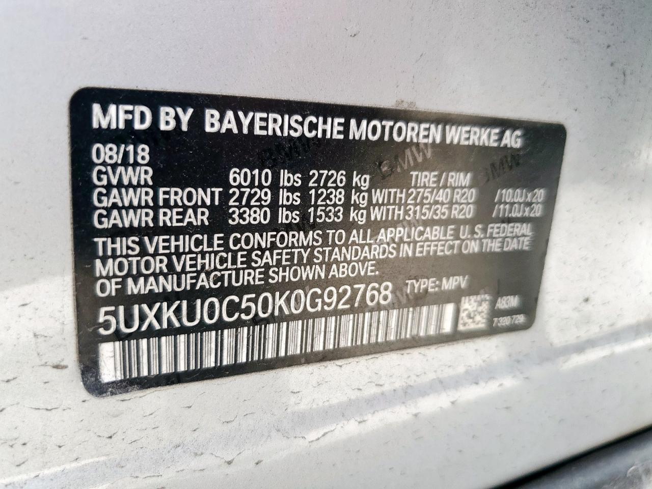 2019 BMW X6 Sdrive35I VIN: 5UXKU0C50K0G92768 Lot: 64952045