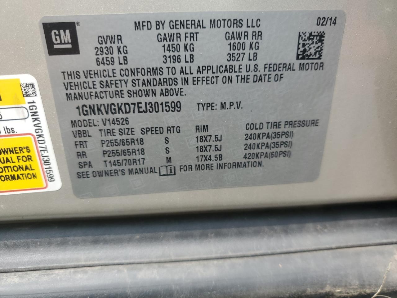 2014 Chevrolet Traverse Lt VIN: 1GNKVGKD7EJ301599 Lot: 67223245