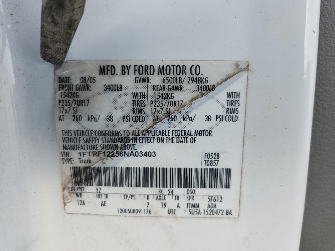 2006 Ford F150 VIN: 1FTRF12256NA03403 Lot: 65040555