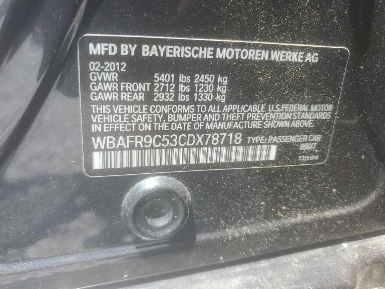 2012 BMW 550 I VIN: WBAFR9C53CDX78718 Lot: 64866955
