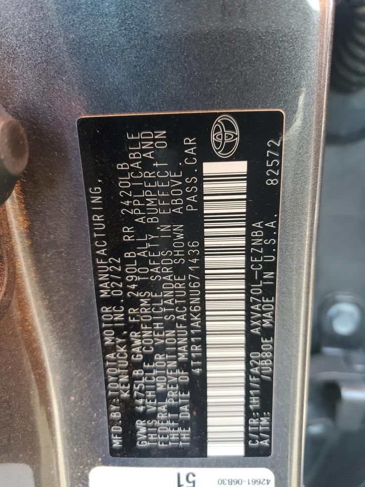 2022 Toyota Camry Le VIN: 4T1R11AK6NU671436 Lot: 65206515
