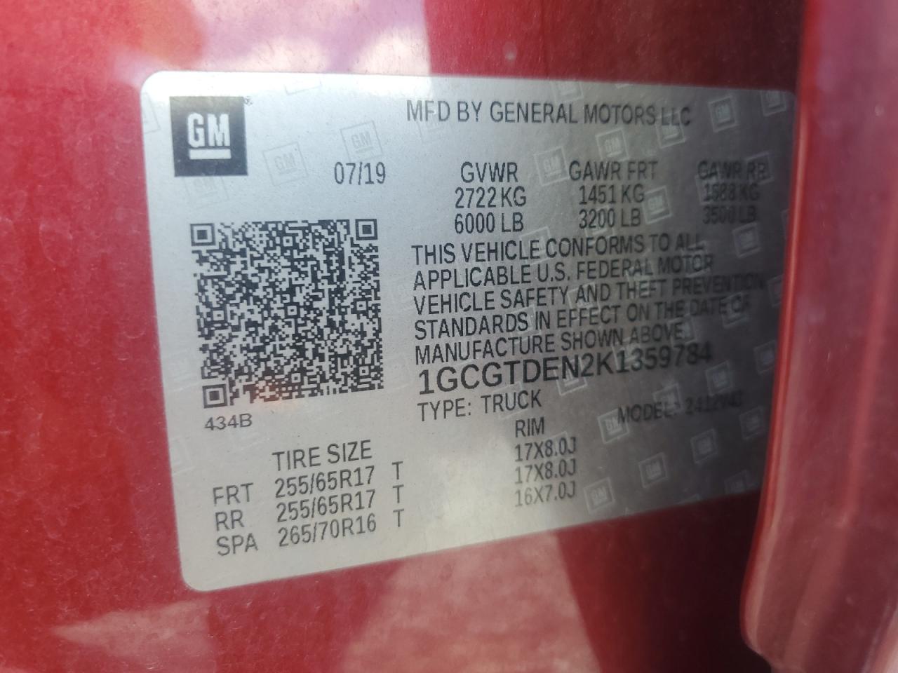 2019 Chevrolet Colorado Z71 VIN: 1GCGTDEN2K1359784 Lot: 65142435
