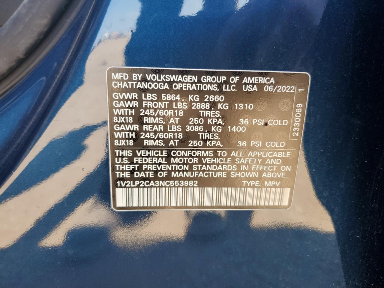 2022 Volkswagen Atlas Se VIN: 1V2LP2CA3NC553982 Lot: 65416175