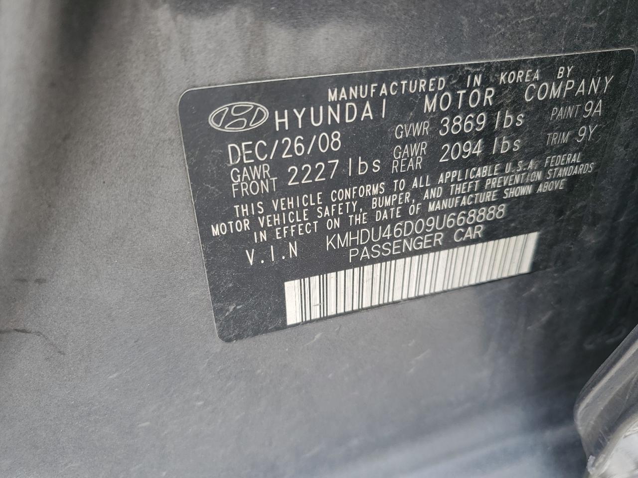 2009 Hyundai Elantra Gls VIN: KMHDU46D09U668888 Lot: 62733405