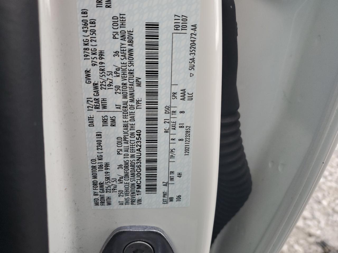 2022 Ford Escape Se VIN: 1FMCU0G63NUA23540 Lot: 63218725