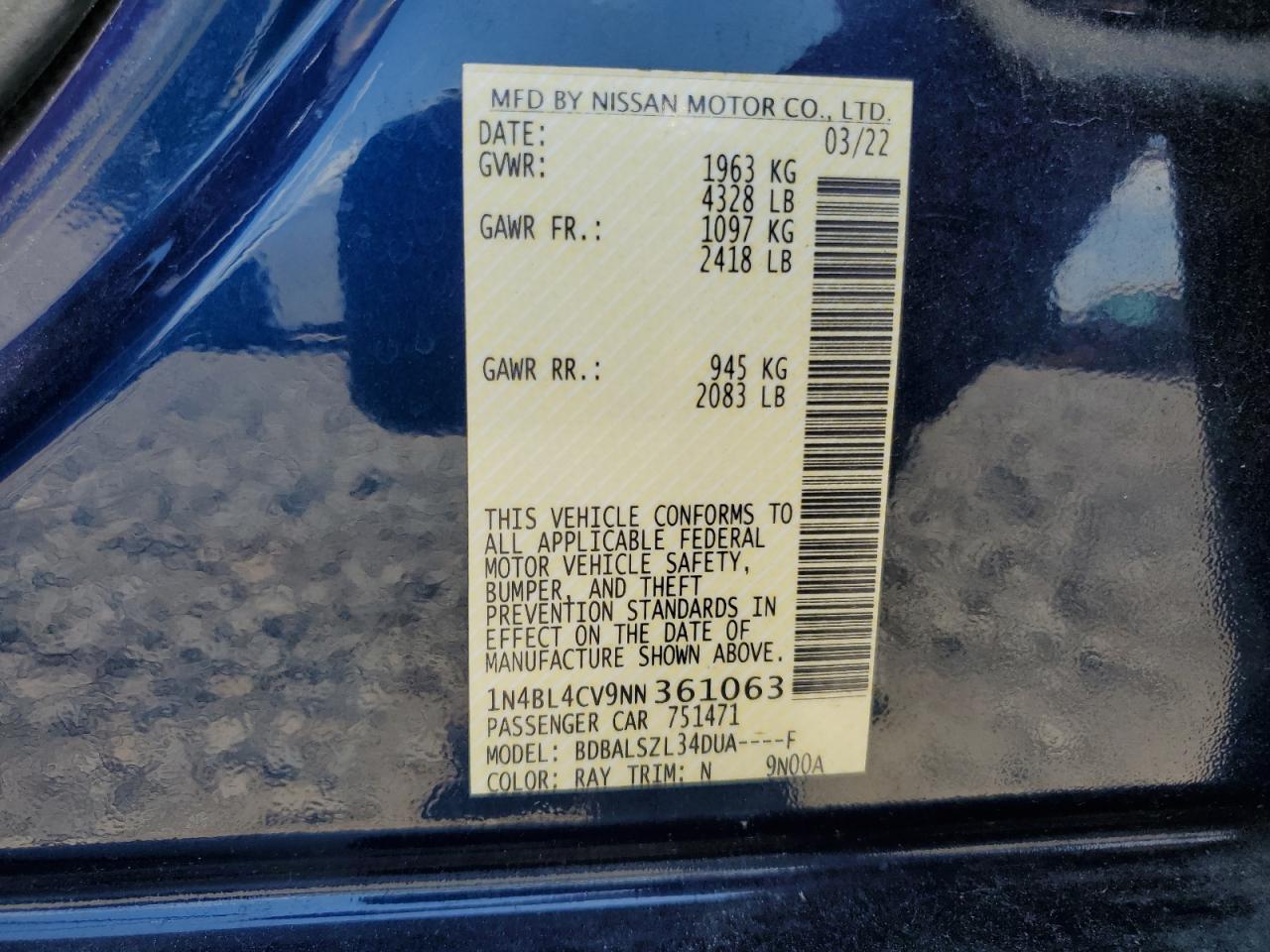 2022 Nissan Altima Sr VIN: 1N4BL4CV9NN361063 Lot: 64841165