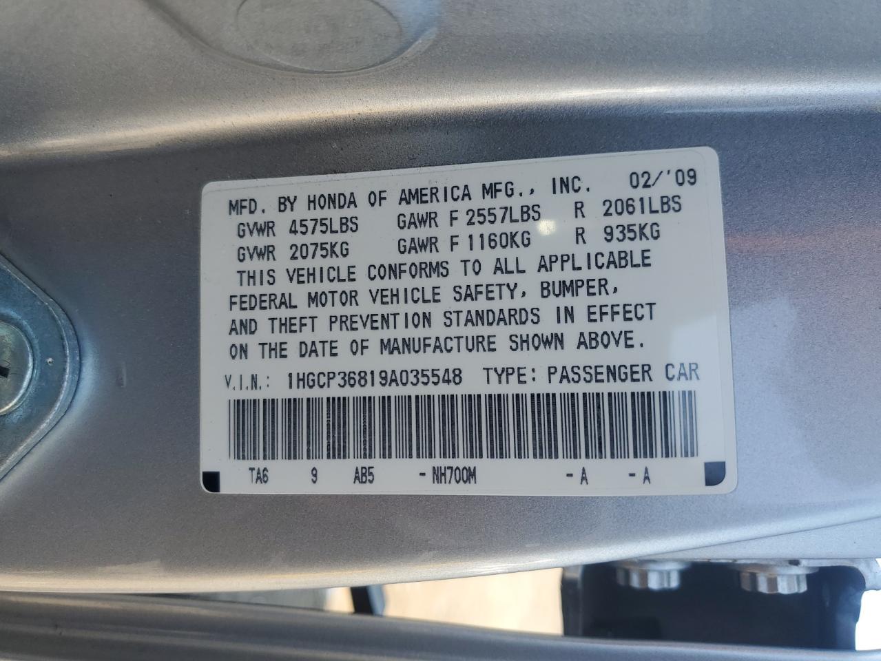 2009 Honda Accord Exl VIN: 1HGCP36819A035548 Lot: 65632315