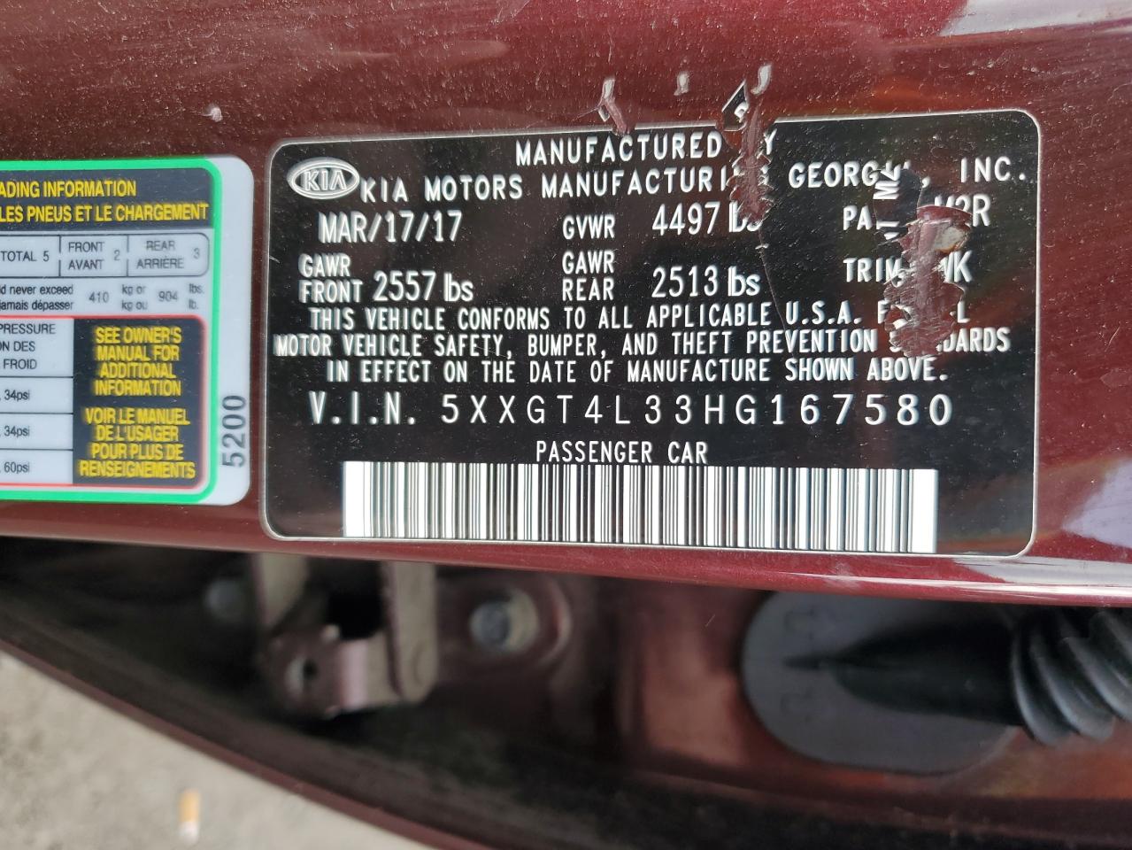 2017 Kia Optima Lx VIN: 5XXGT4L33HG167580 Lot: 65398775