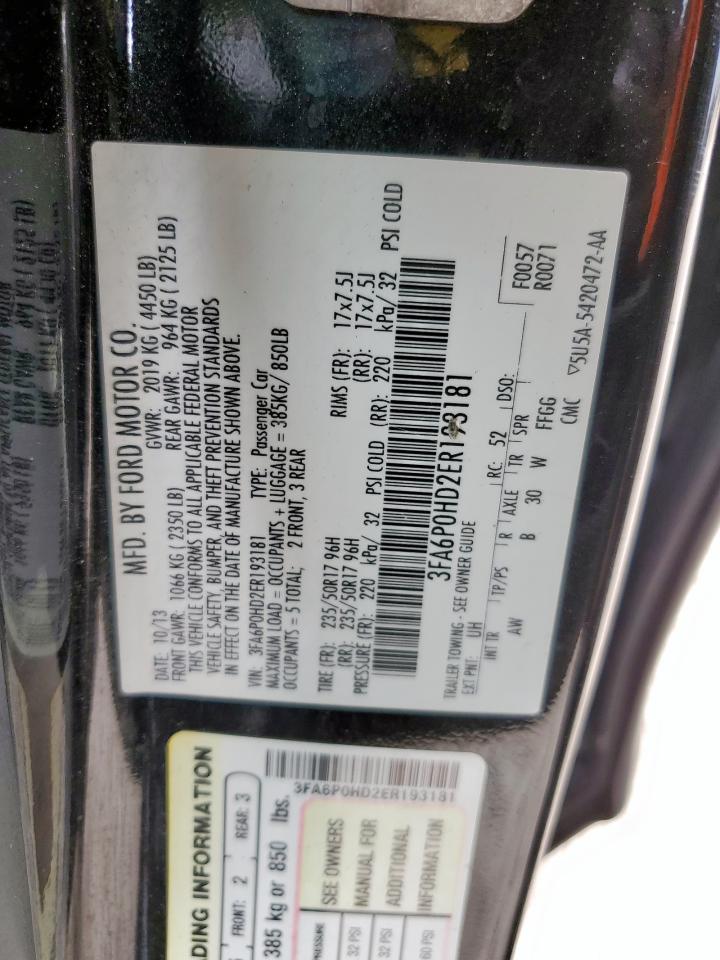 2014 Ford Fusion Se VIN: 3FA6P0HD2ER193181 Lot: 65545385